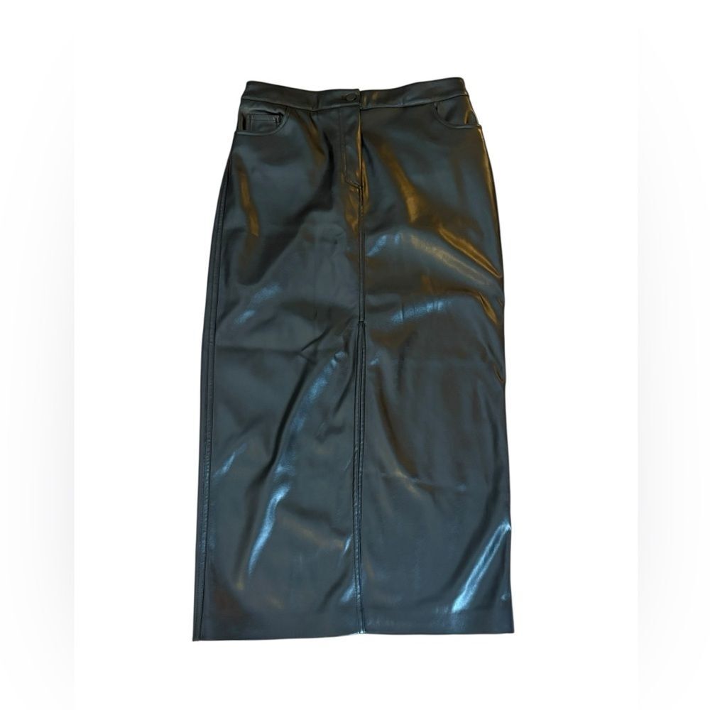 Bailey 44 Black Faux Leather Midi Pencil Skirt Front Slit Womens Size 4